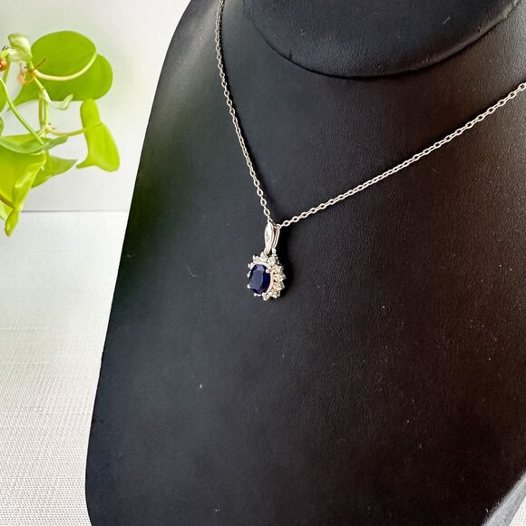 Silver-Tone Necklace With Blue Faceted Glass Rhinestone Pendant & Clear Rhinesto - Picture 4 of 8